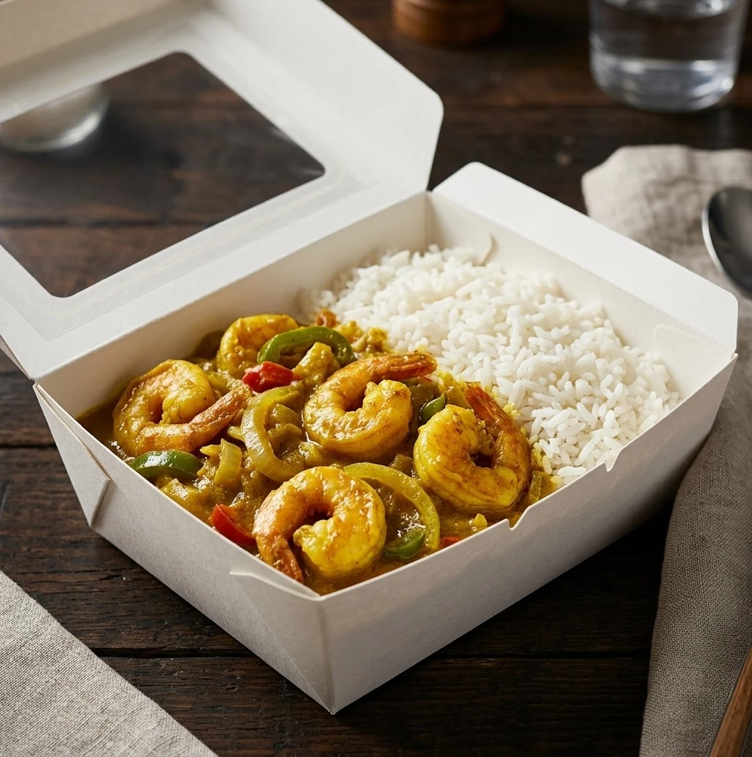 Curry shrimp at Twin Dem Kitchen London Ontario - plump shrimp in island curry sauce served with rice